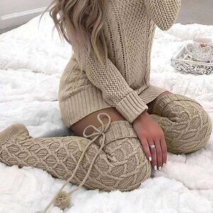 Beige Cozy Womens Solid Pom Pom Decor Fashion Over The Knee Socks